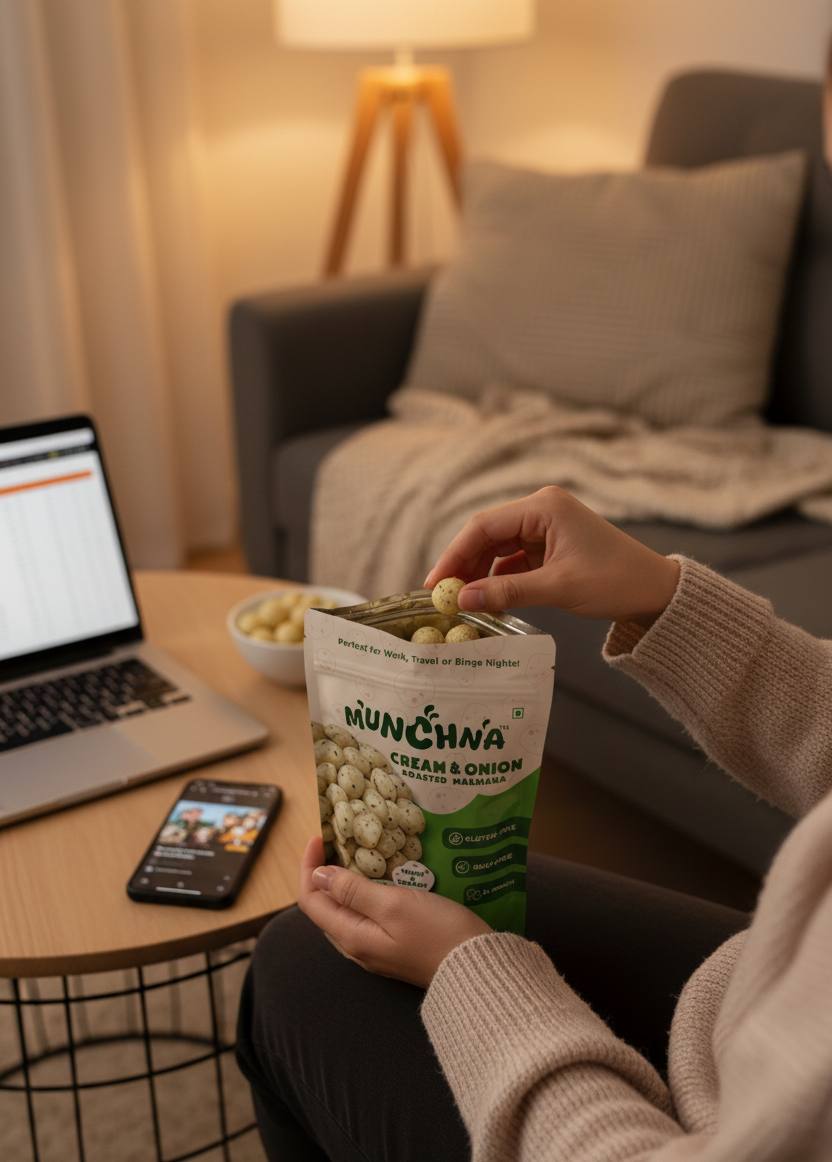 Person holding a bag of Munchna popcorn in a cozy living room setting.