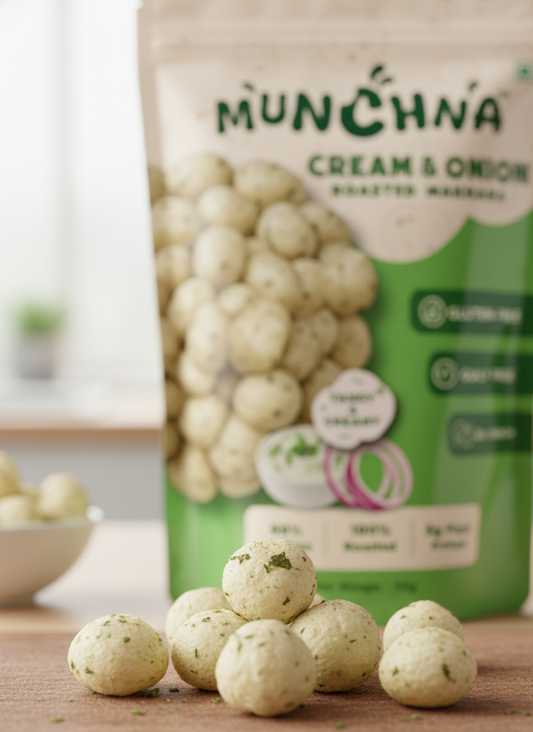 Munchna cream and onion snack balls with packaging on a wooden surface