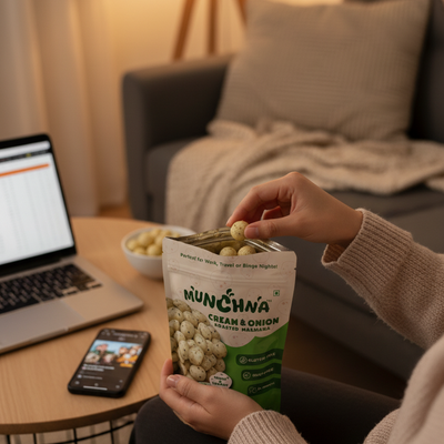 Person holding a bag of Munchna popcorn in a cozy living room setting.