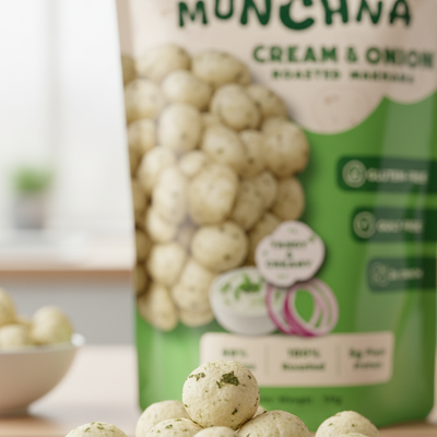 Munchna cream and onion snack balls with packaging on a wooden surface